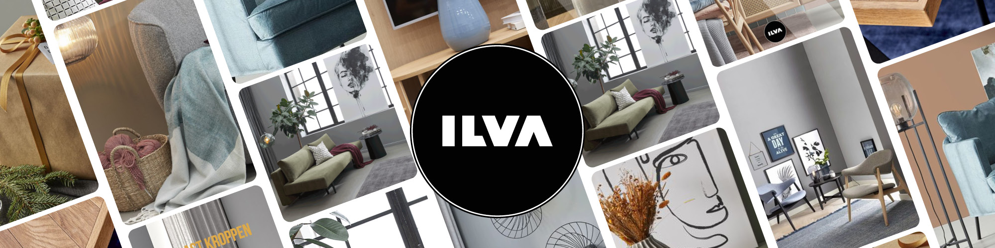 ILVA logo centreret mellem moderne boliginteriørbilleder