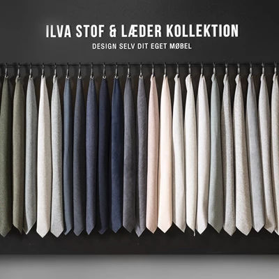 Farverig kollektion af stof- og læderprøver hængt på en mørk væg, med tekst der inviterer til at designe dit eget møbel