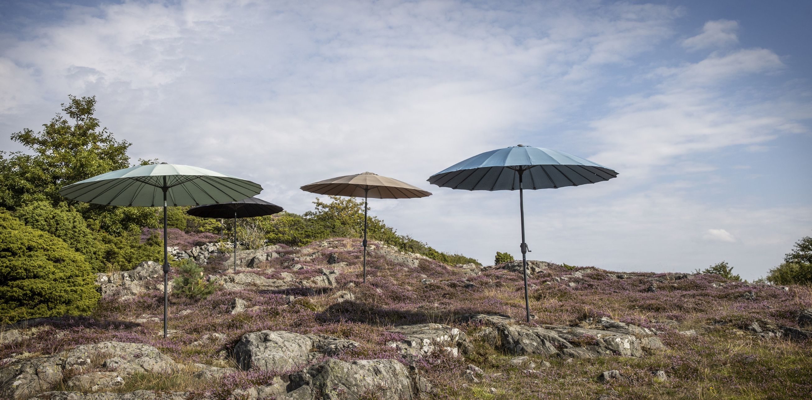 Fire parasoller i forskellige farver placeret i naturlandskab